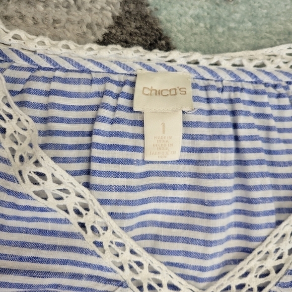 CHICOS Blue White Stripe Linen Blouse Top Size Small - Picture 3 of 5